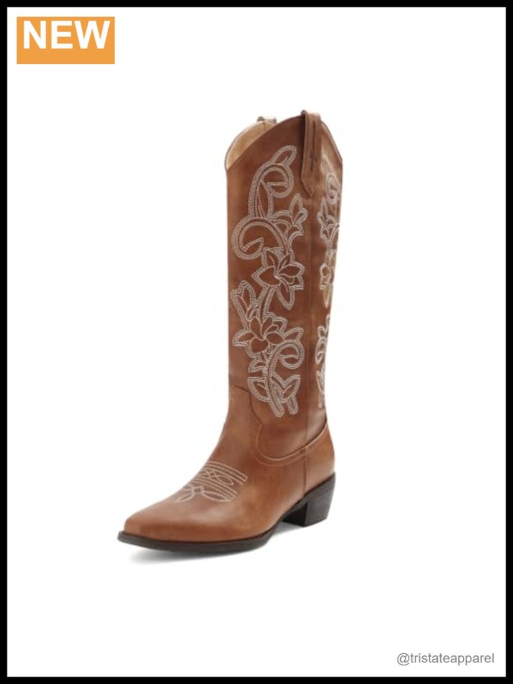 Faux Leather Mid Calf Western Cowboy Boots with Floral Embroidery Square Toe